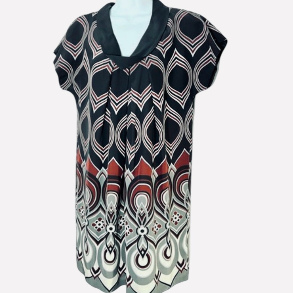 Vintage Tibi 100% Silk Red & Black Geometric Print Short Sleeve Shift Dress - 10
